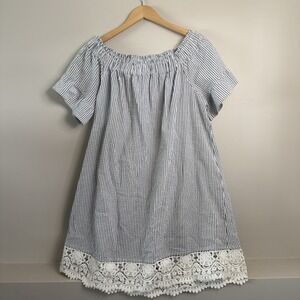 LOFT Beach XLBlue White Seersucker Mini Dress Lace Off Shoulder Nautical Cottage